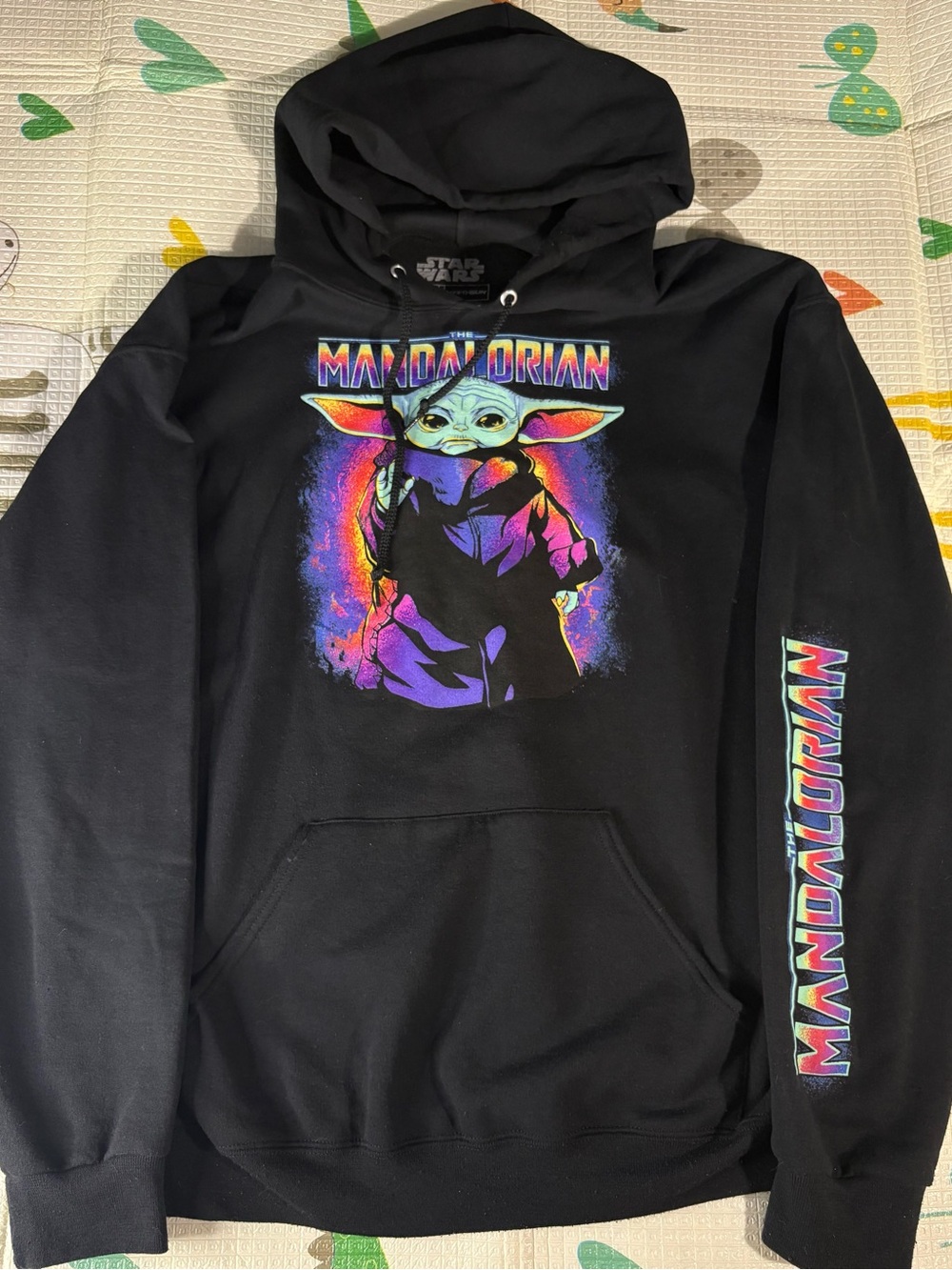 Star Wars Black Mandalorian Baby Yoda Neon Graphic Hoodie